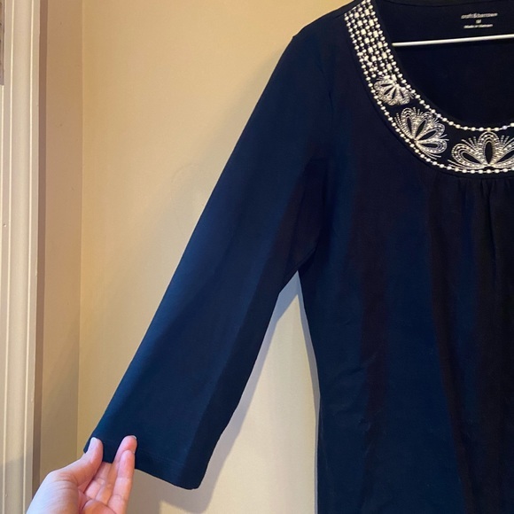 Croft & Barrow Black Knit 3/4 Sleeve White Embroidered Top Blouse Medium Cotton - Picture 5 of 8